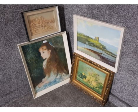 Three colour prints and a japanese wood carving picture