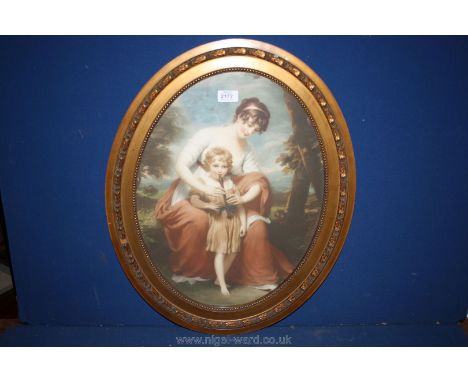 An oval framed Lithograph of a mother and a young child playing the recorder, unsigned, 19'' x 24'' overall.