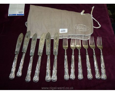 A set of Silver Fish Eaters with Kings pattern handles and beautifully engraved fish design to the blades and fork tines, Lon