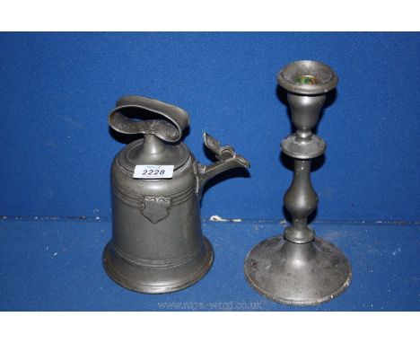 A Philip Ashberry &amp; Sons Sheffield wine Flagon with lidded spout, 8" tall and a Candlestick with pusher, 10" tall.