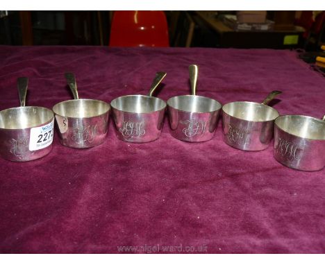 Six plated brandy Warmers with engraved initials H.J.M. by William Hutton &amp; Sons.