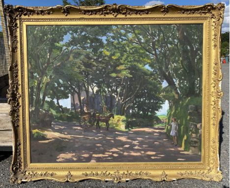 A large ornately framed Oil on canvas depicting a tree lined road with gentleman in a trap and pony, and a young girl playing