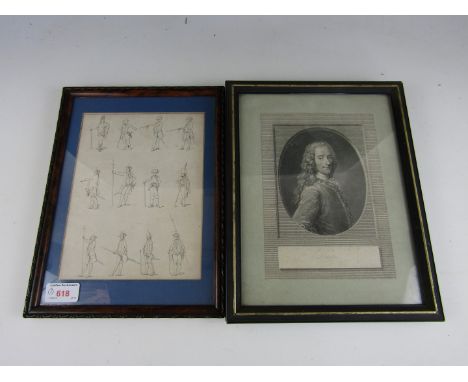 A printed study of military uniform through the ages, together with a book frontispiece portrait, each framed and mounted und