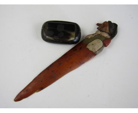 A 19th Century horn snuff box and a novelty treen paper knife