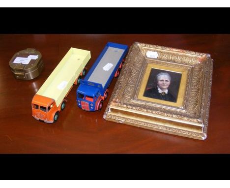 A miniature portrait, together with two Dinky Toys and a modern pocket sextant 