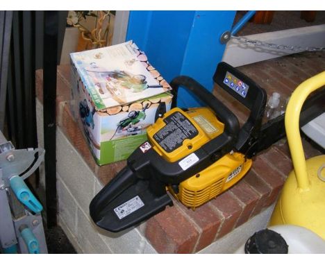 A petrol driven chainsaw together with a boxed chain sharpener