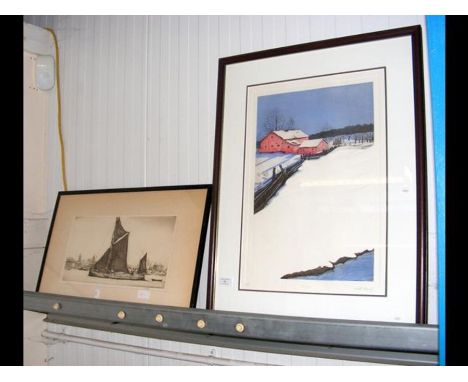 A Limited Edition etching by Wils &amp; Lowry 'Twilight'  No 2/25 together with a Charles Cain etching of the Thames barge of