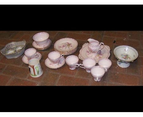 A decorative pink teaset, together with a pierced ceramic tazza, etc. 
