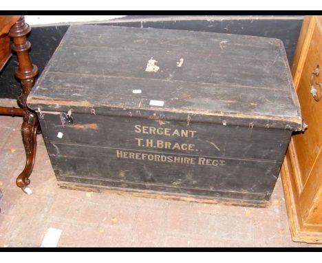 An antique pine travelling trunk with named front - Sergeant T.E.H Brace, Herefordshire regiment