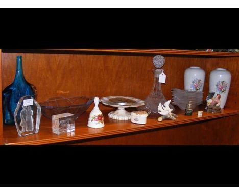 A preservation case containing two butterflies, together with a ship's decanter and other collectable glass and ceramic ware 