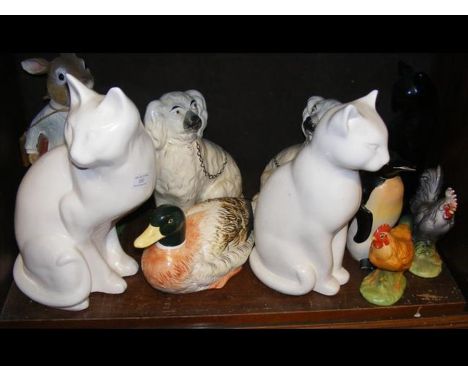 A pair of Staffordshire dogs together with a pair of modern ceramic cats etc