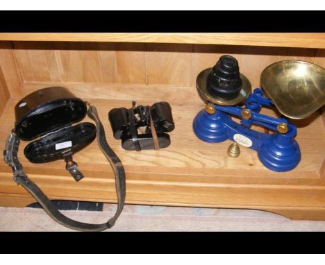 A vintage Dienstglas binocular together with a set of kitchen scales