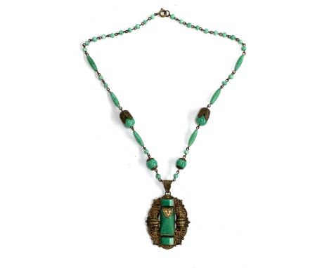 An Art Deco Neiger Brothers Egyptian Revival Peking glass bead necklace, the pendant 4.5x4cm 