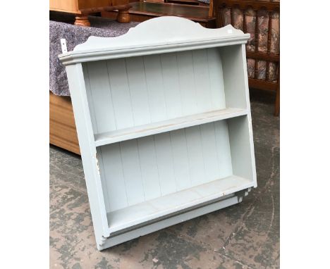 A pale blue painted wall shelf of two shelves, 87cmW 