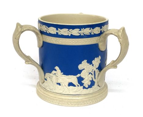 A late 19th century Copeland late Spode Jasperware tri-handled Tyg mug depicting hunting scenes, marked to base rd no. 180288