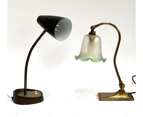 A mid century desk lamp, max height 42cm, together with a gilt metal desk lamp with frosted glass shade 