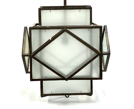 Interior design interest: a wrought metal and frosted glass Art Deco style geometric hanging lantern, 54cmH overall. 49cmW 