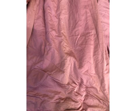 A pair of coral curtains, lined and interlined, approx 340cm drop, with width at pencil pleat end approx 140cm, with tie-back