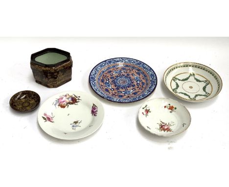 An 18th century Bristol porcelain hard paste dish decorated with swags, heightened in gilt, 19.5cmD, (restored), together wit