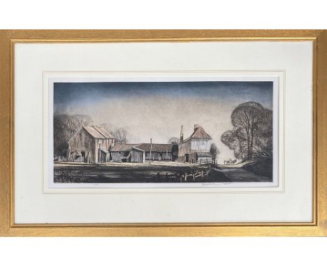 Rowland Hilder, 'Barn at High Halstead' colour etching, signed and numbered in pencil, 63/195, 27x57cm 