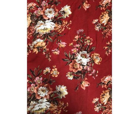 A pair of red curtains decorated with floral sprays, lined, approx. 205cm drop, 235cm ungathered width 