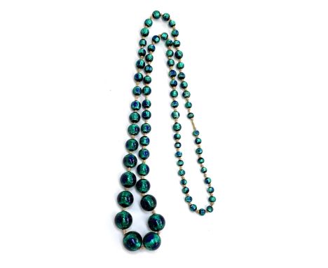 A Czech Art Deco foiled peacock glass bead necklace, the largest bead 1.7cm, 42cmL 