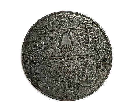 Folk art token interest: A mid 18th century George II copper half penny coin, the reverse engraved with folk art depicting a 