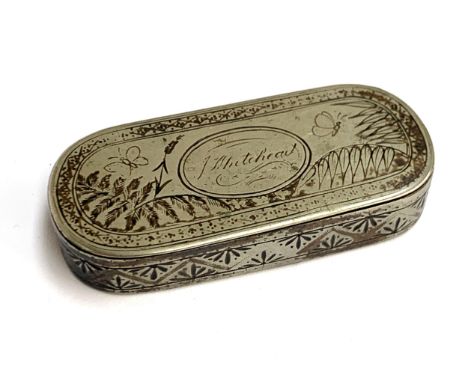 A 19th century white metal snuff box, the hinged lid engraved 'J. Whitehead' amongst butterflies and ferns, 7.5cmL 