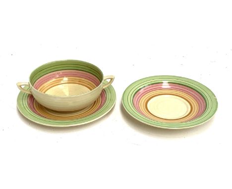 A Clarice Cliff Bizarre Wilkinson Limited tri coloured twin handled cup, 12cmD, saucer and dish 