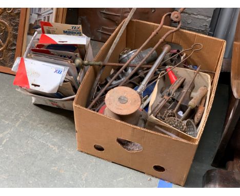 A quantity of vintage tools to include a meat grinder, a box of car wing mirror glass 