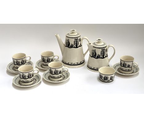 A mid century Scottie Wilson for Royal Worcester Crown Ware monochrome swan pattern 14 part tea/coffee service, comprising te
