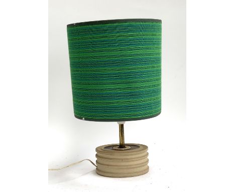 A studio pottery table lamp, with blue and green fabric shade, 37cmH 