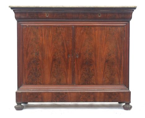 A Louis Philippe mahogany and marble topped side cabinet, having two cushion drawers over two doors opening to an adjustable 