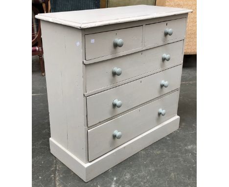 A light grey painted Victorian pine chest of two short over three long drawers, on plinth base, 99x46x96cmH 