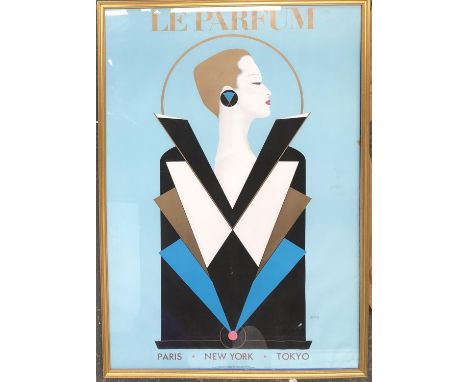 Le Parfum advertising poster featuring an art deco style lady, Razzia &amp; R.A.F Productions 1984, framed, 99x68cm 