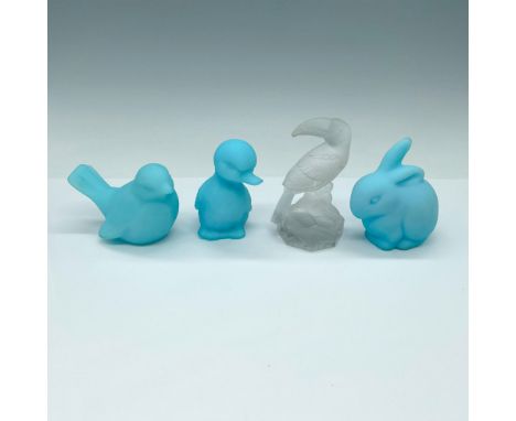 Three adorable figurines in the shape of a rabbit, duckling, and bird made from Fenton blue satin glass and marked Fenton. Ad