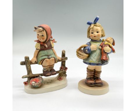 Hand painted porcelain figurines of girls. Just Resting 112/1 is a girl sitting on a fence; 3.75"L x 2"W x 5"H. What Now 422 