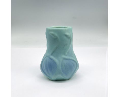 Short vase in a teal and blue matte glaze finish. Van Briggle Colorado Springs imprint to base. Dimensions: 4.5"H x 3.25" dia