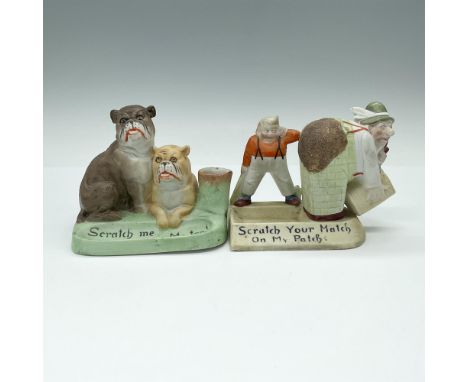 These hand-painted porcelain match holders come as a delightful pair. One is whimsically titled Scratch Your Match on My Patc