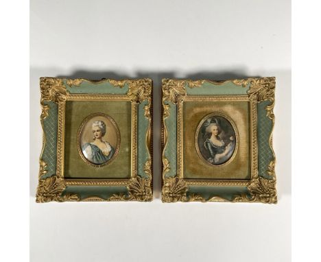Miniature pair of charming hand-color enhanced Portraits. One depicts 18th century French Queen Marie-Antoinette after Vigee-