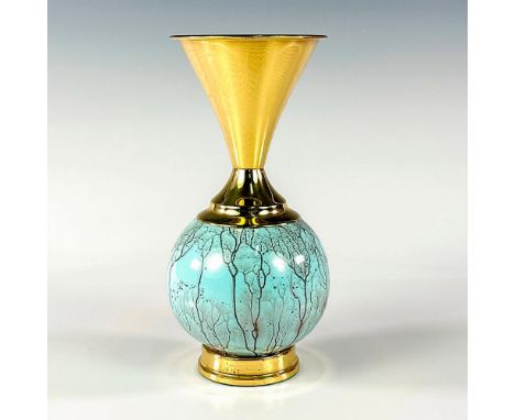 Turquoise toned with lustre finish &amp; branch patterning. Brass upper portion and base,Round body. Hand Painted Delftware M