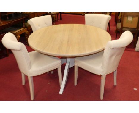 A contemporary Neptune breakfast suite, comprising; blond oak circular pedestal table raised on painted base, dia., 120cm, to