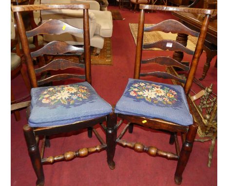 A pair of circa 1800 provincial oak ladder back panelled seat dining chairs, on turned supports, width 47cm
