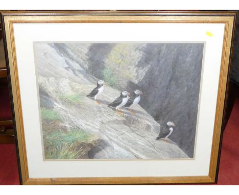 Christopher Scales - Birds on apple tree branches, watercolour, signed lower right, 46 x 32cm; and Ian Claxton - Pelican chic