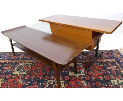 A 1970s plywood and stained beech two-tier low coffee table, length 113cm, together with a further 1970s teak hinge top sewin