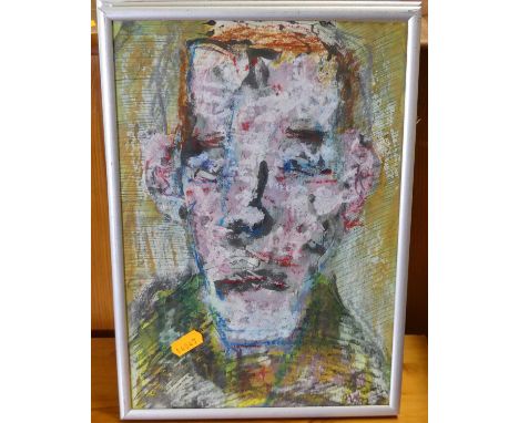Contemporary school - Abstract portrait studies, mixed media, monogrammed DW, 29 x 20cm (3)