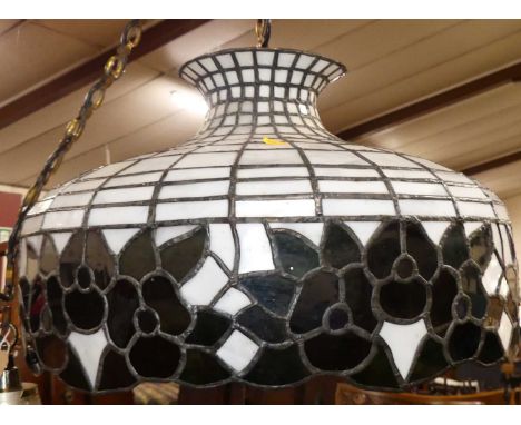 A leaded glass domed hanging ceiling light of good size, with attached ceiling rose and linked chain suspension, dia. 55cm