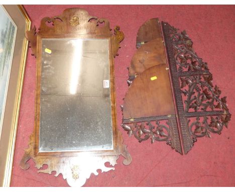 A yew wood fret-cut wall mirror in the Chippendale taste; together with a graduating folding three-tier corner shelf (2)