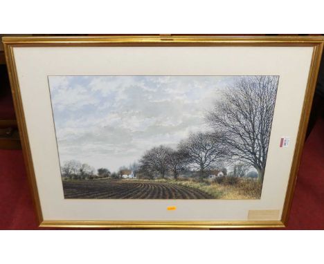 Michael Petersson (b.1939) - Willie Lott's Cottage across winter fields, watercolour, signed and dated March '87 lower left, 