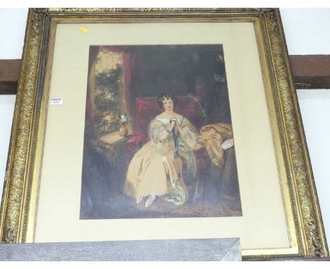 Late 19th century English school - Full-length portrait of a maiden seated in a red chair, watercolour heightened with white,